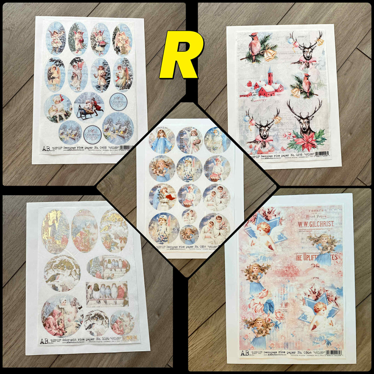 5 Rice Decoupage Papers | Set P Q R | Rice Paper Decoupage | AB Studios | A4