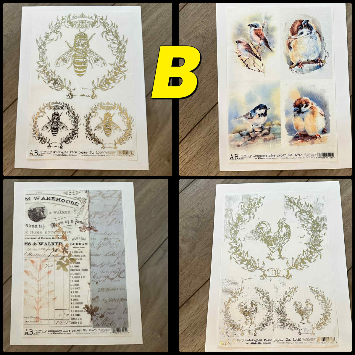 4 Rice Decoupage Papers | Sets A B C | Rice Paper Decoupage | AB Studios | A4