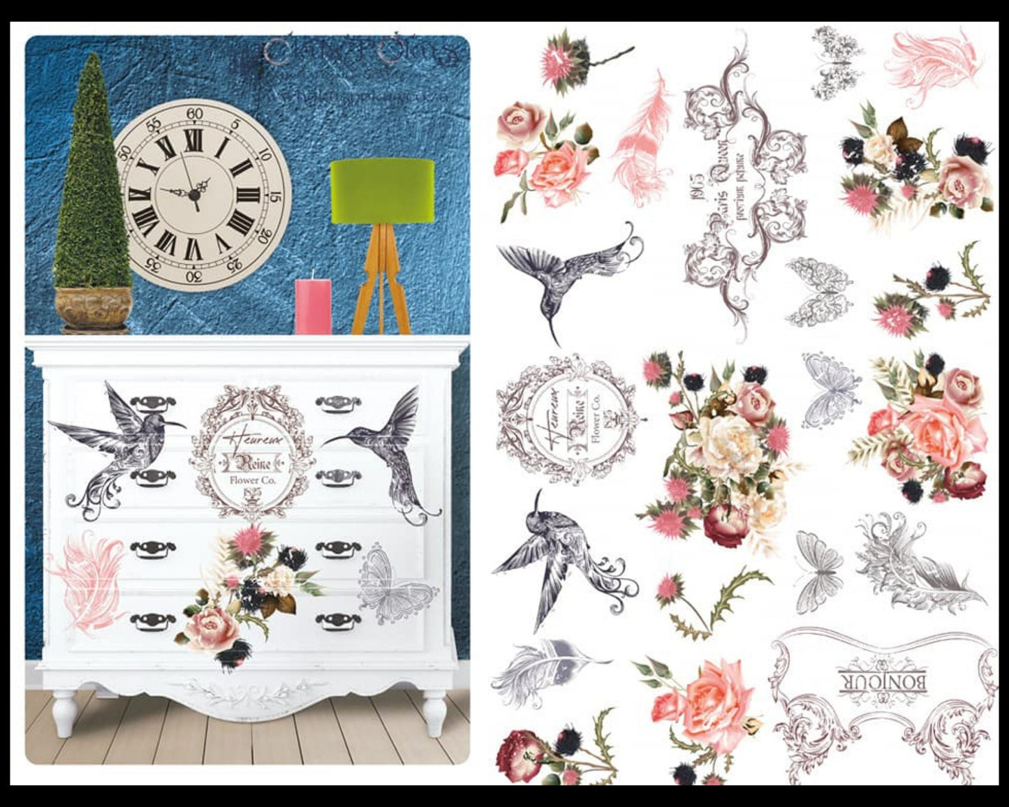 Jardin DOiseaux | Rub On Furniture Transfers | Hokus Pokus | Furniture Decals | 35" x 23"