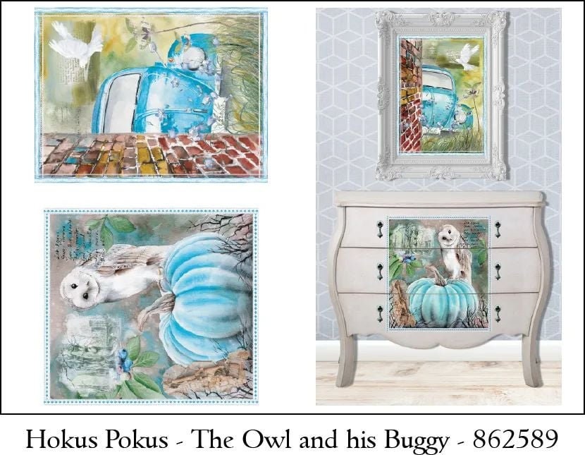 The Owl and His Buggy | Rub On Furniture Transfers | Hokus Pokus | Furniture Decals | 35 x 24