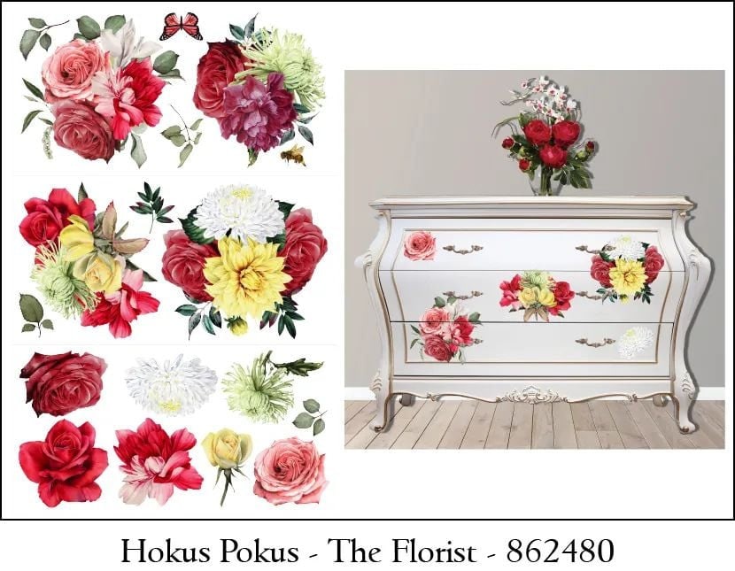 The Florist 3 Designs | Rub On Furniture Transfers | Hokus Pokus | Furniture Decals | 37" x 24"