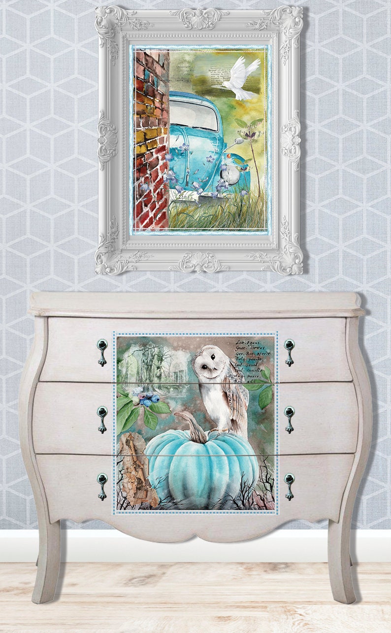 The Owl and His Buggy | Rub On Furniture Transfers | Hokus Pokus | Furniture Decals | 35 x 24