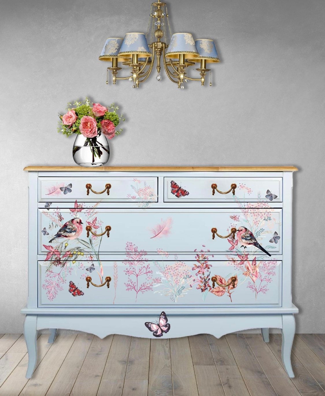Oiseau Rose | Rub On Furniture Transfers | Hokus Pokus | Furniture Decals | 35 x 23
