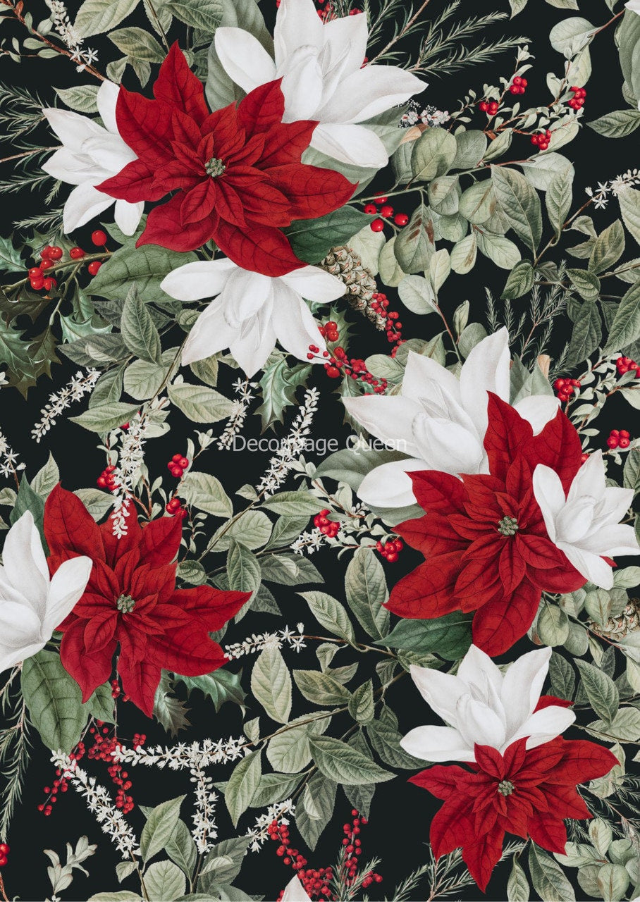 Forest Lore- Christmas Floral Black | Rice Paper Decoupage | Decoupage Queen | A4 | RETIRED