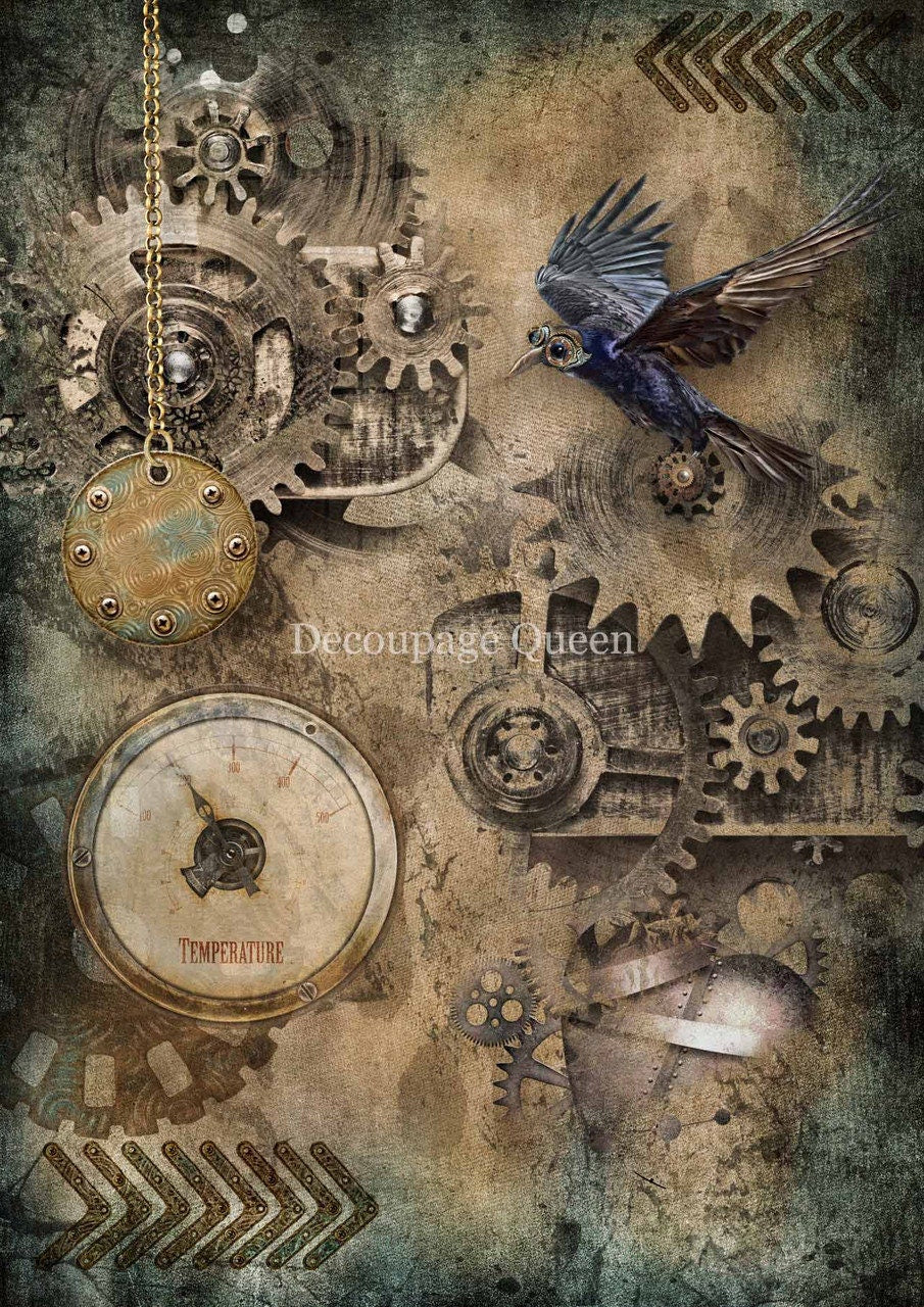 Steampunk Bird | Rice Paper Decoupage | Decoupage Queen | A3 | RETIRED