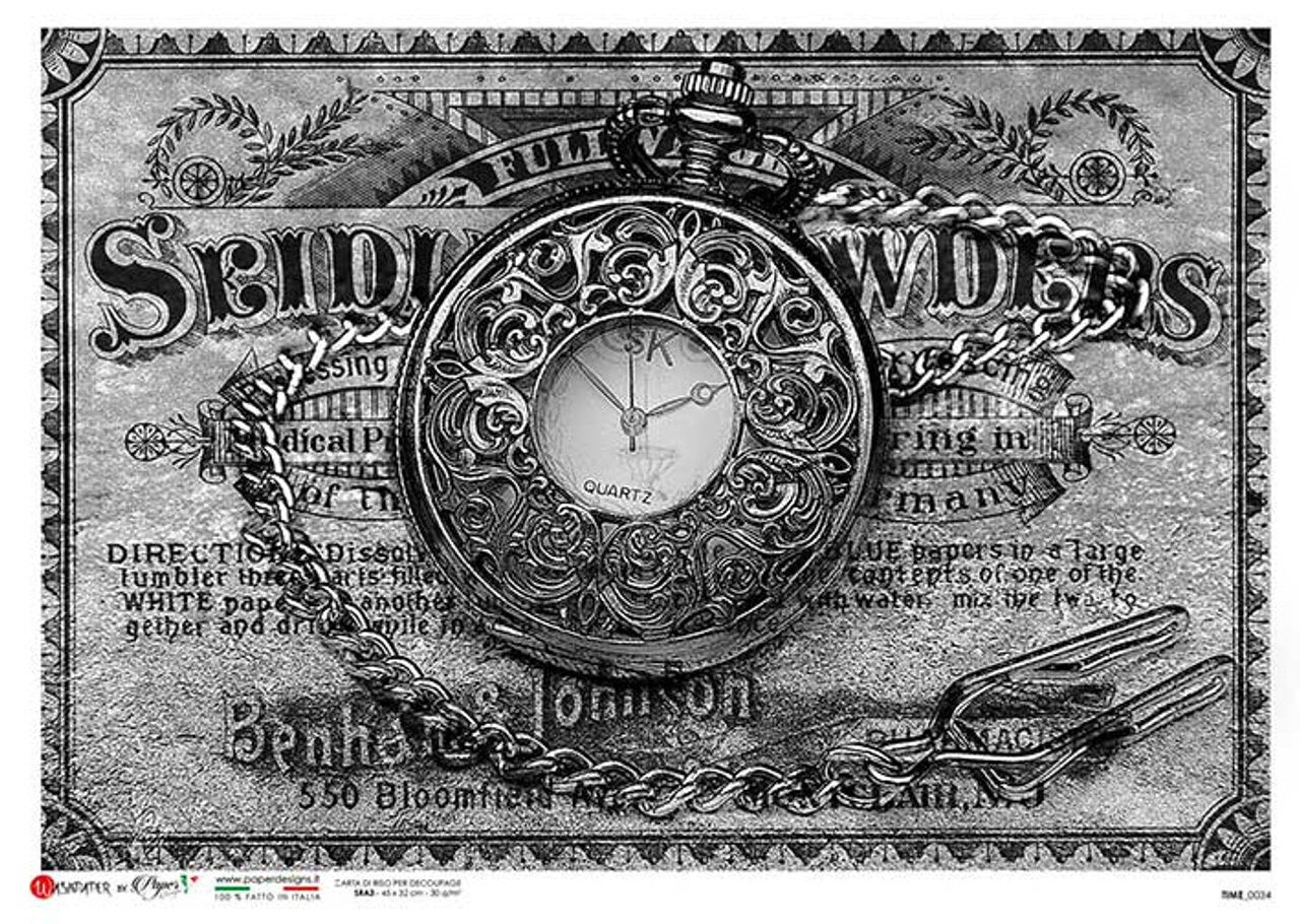 Timepiece Gray 0033 | Rice Paper Decoupage | Paper Designs | A4