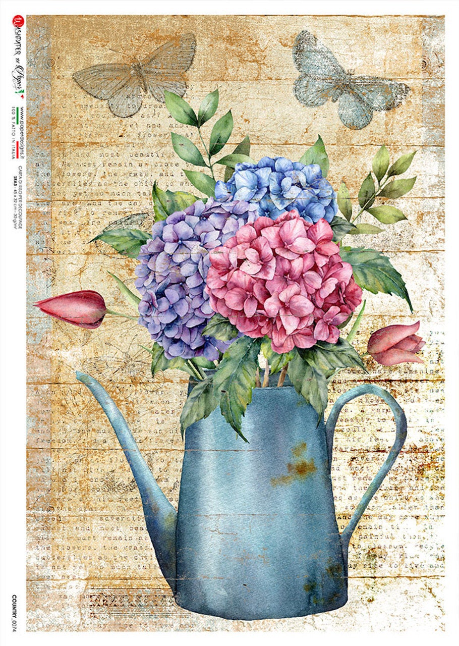 Hydrangea In Vase | Rice Paper Decoupage | Paper Designs |Country 0074 | A4