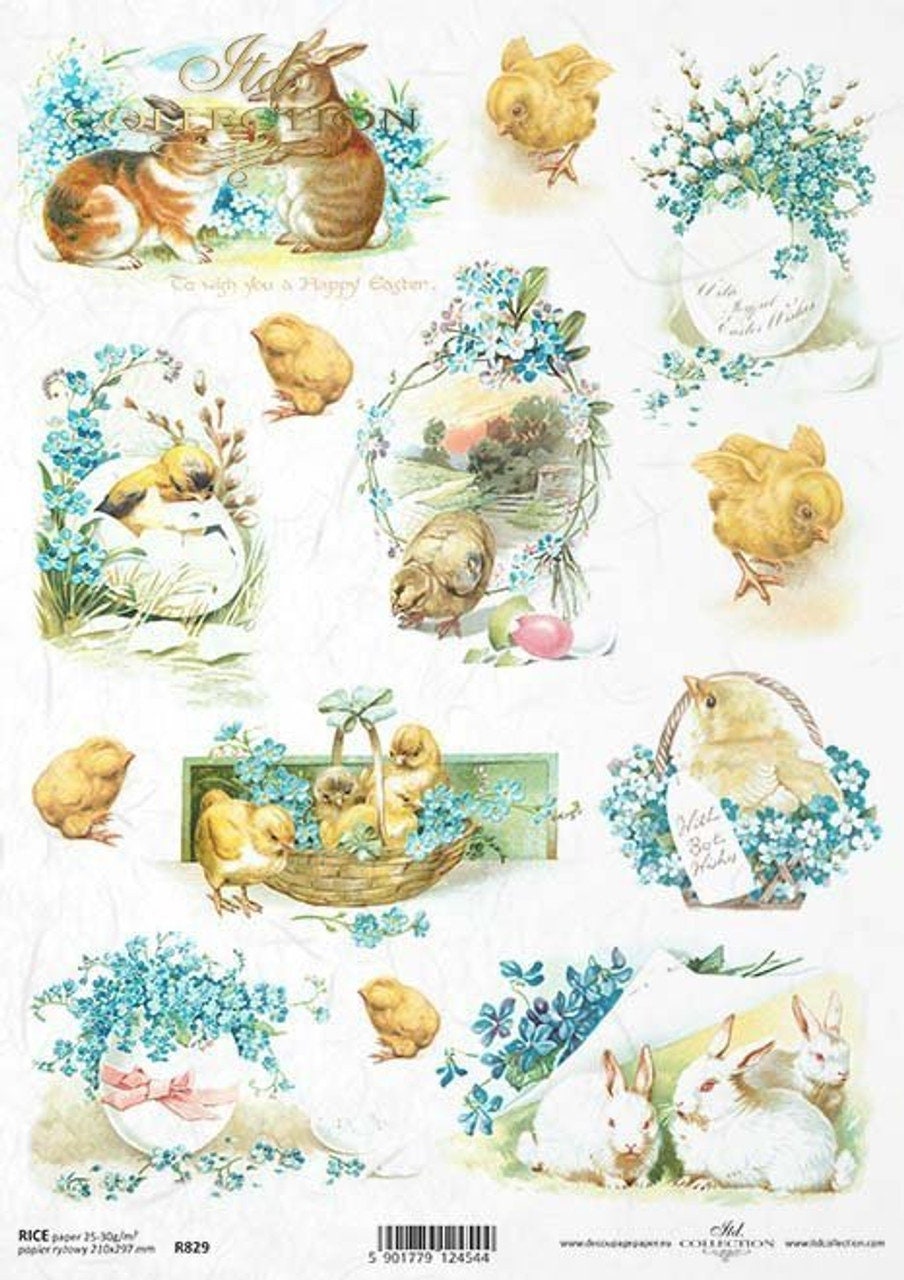 Easter Chicks and Forget Me Nots | Rice Paper Decoupage | ITD Collection R0829 | A4