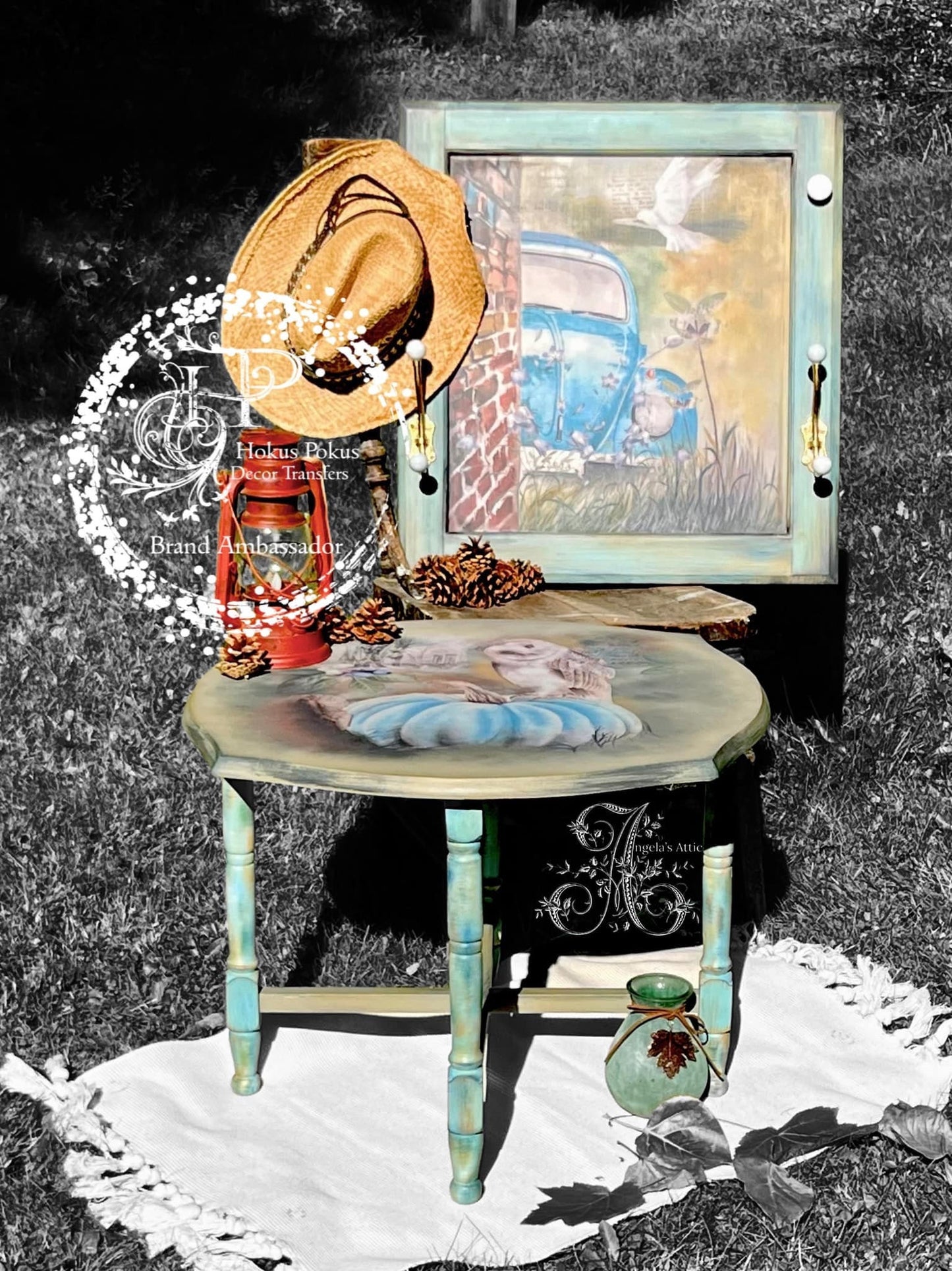 The Owl and His Buggy | Rub On Furniture Transfers | Hokus Pokus | Furniture Decals | 35 x 24