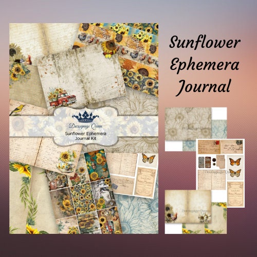 Sunflower Ephemera Journal | Decoupage Queen | 10 Pages | Journaling Paper