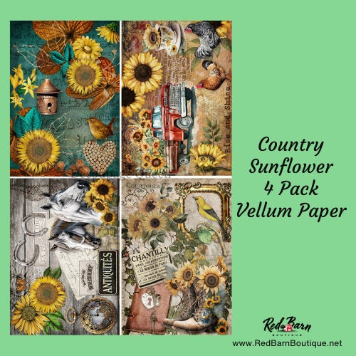 Country Sunflower 4 pack Vellum Paper | 4 Images | Decoupage Queen | Journaling or Scrapbooking | A4 | 112 GSM