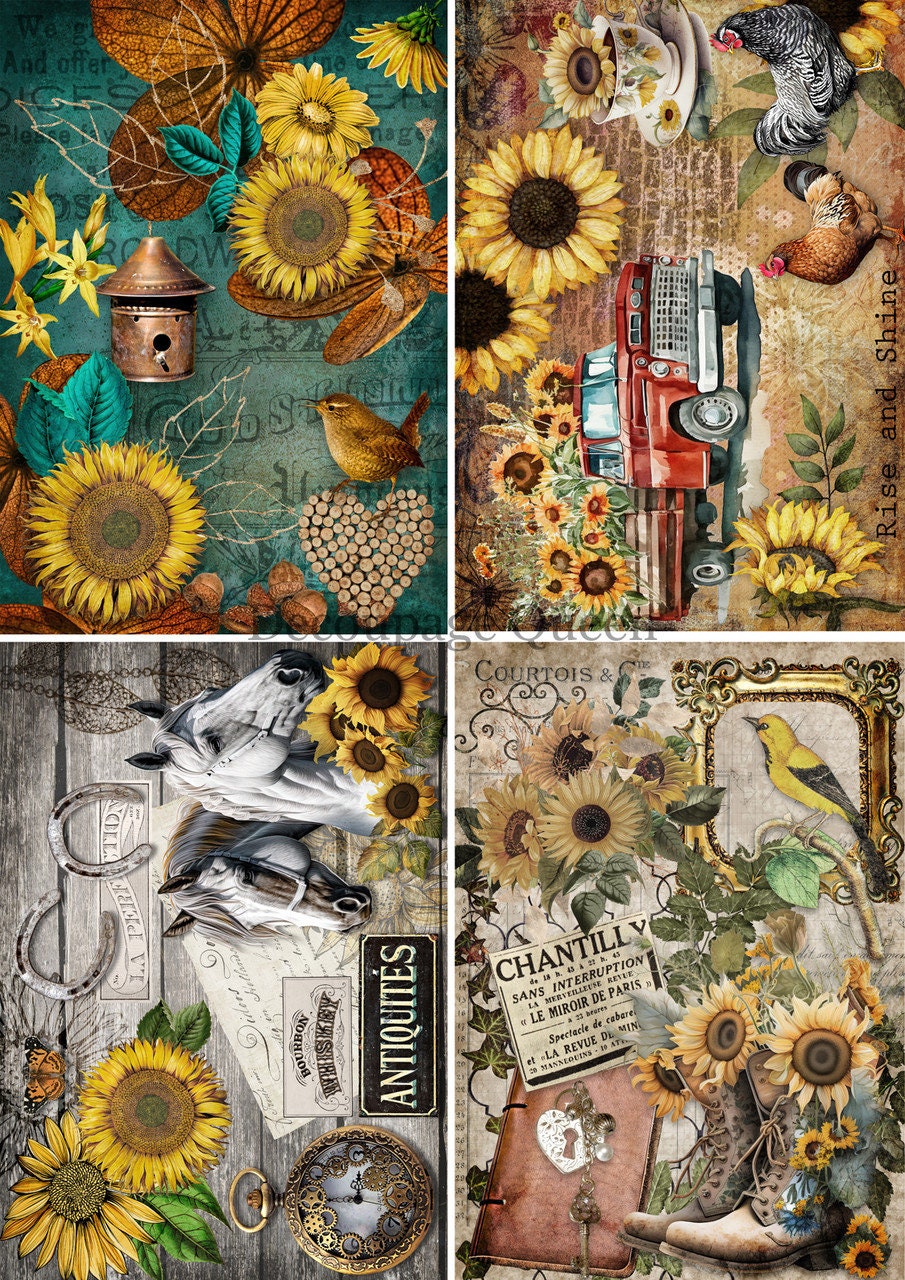 Country Sunflower 4 pack Vellum Paper | 4 Images | Decoupage Queen | Journaling or Scrapbooking | A4 | 112 GSM