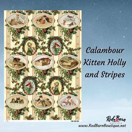 Kitten Holly and Stripes | Rice Paper Decoupage | Calambour TCR-68 | A3 | Printed in Italy