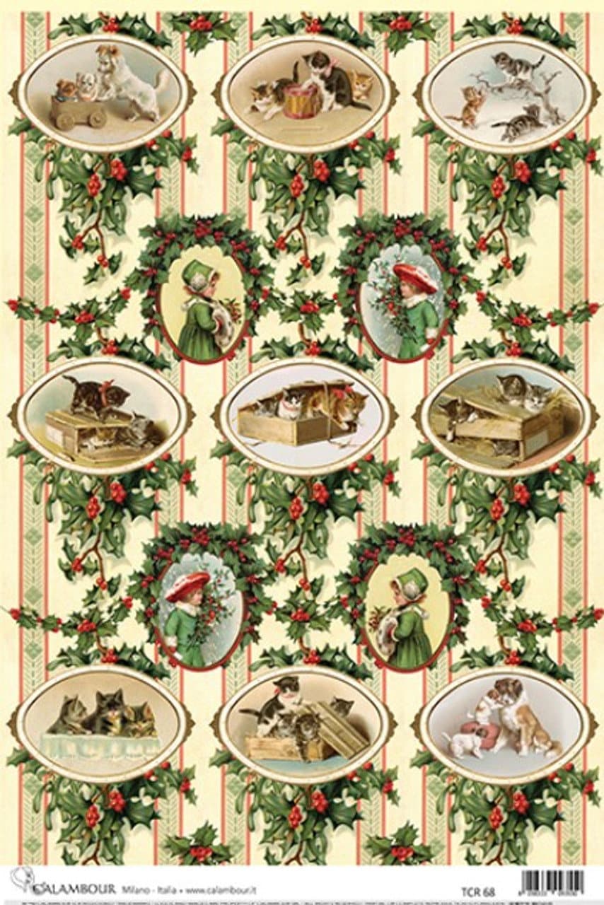 Kitten Holly and Stripes | Rice Paper Decoupage | Calambour TCR-68 | A3 | Printed in Italy