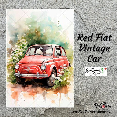 Red Fiat Vintage Car | Rice Paper Decoupage | US Paper Designs | Vehicles 0068 | A4