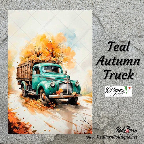Teal Autumn Truck | Rice Paper Decoupage | US Paper Designs | Vehicles 0066 | A4