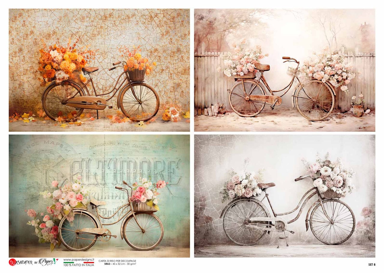 Floral Bicycles 4 Pack | 4 Images | Rice Paper Decoupage | US Paper Designs | A4 & A3