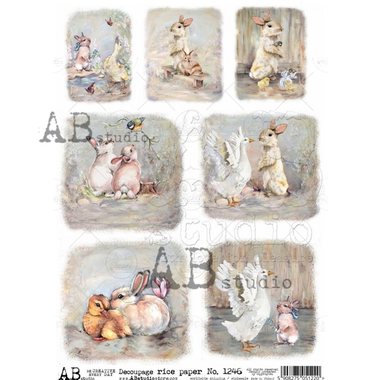 7 Pack Watercolor Mini Easter Scenes | Rice Paper Decoupage 1246 | AB Studios | A4