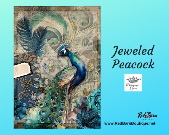 Jeweled Peacock | Decoupage Paper | Rice Paper Decoupage | Decoupage Queen | A2 and A1