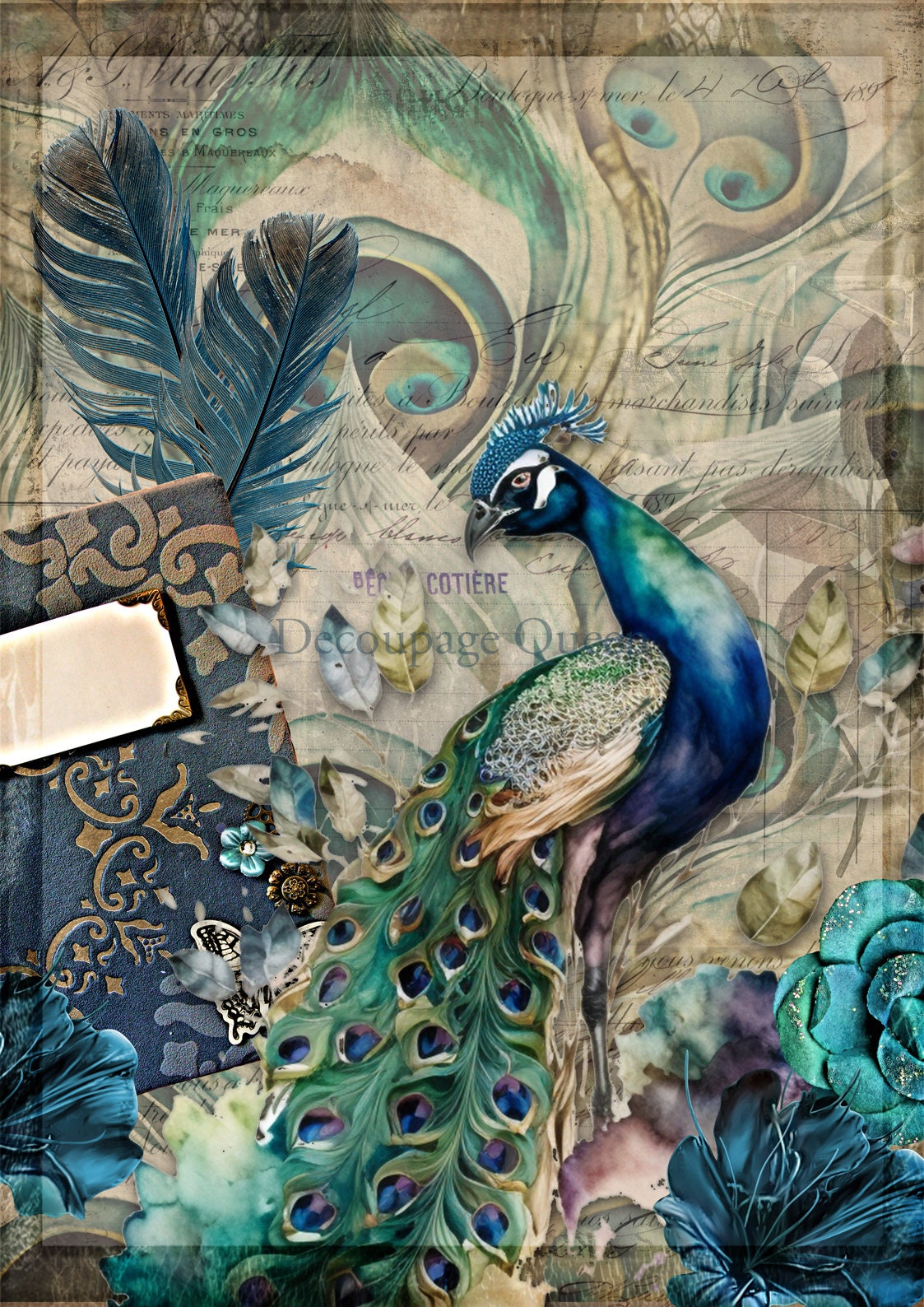 Jeweled Peacock | Decoupage Paper | Rice Paper Decoupage | Decoupage Queen | A2 and A1