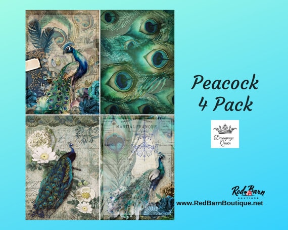 Peacock Four Pack | Four Images | Decoupage Paper | Rice Paper Decoupage | Decoupage Queen | A4 and A3