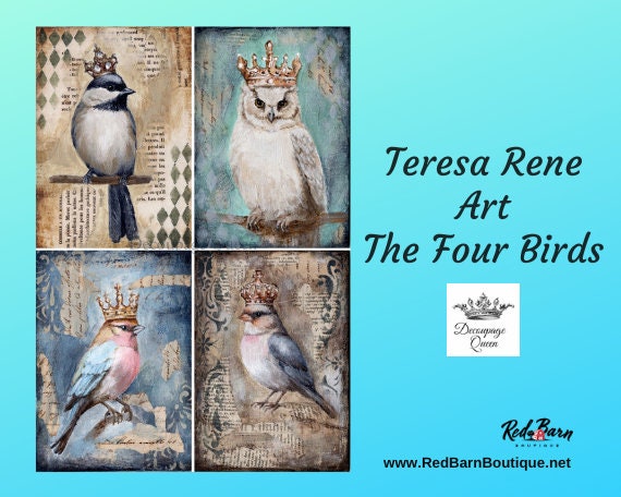 Teresa Rene Art The Four Birds | Rice Paper Decoupage | Decoupage Queen | A4