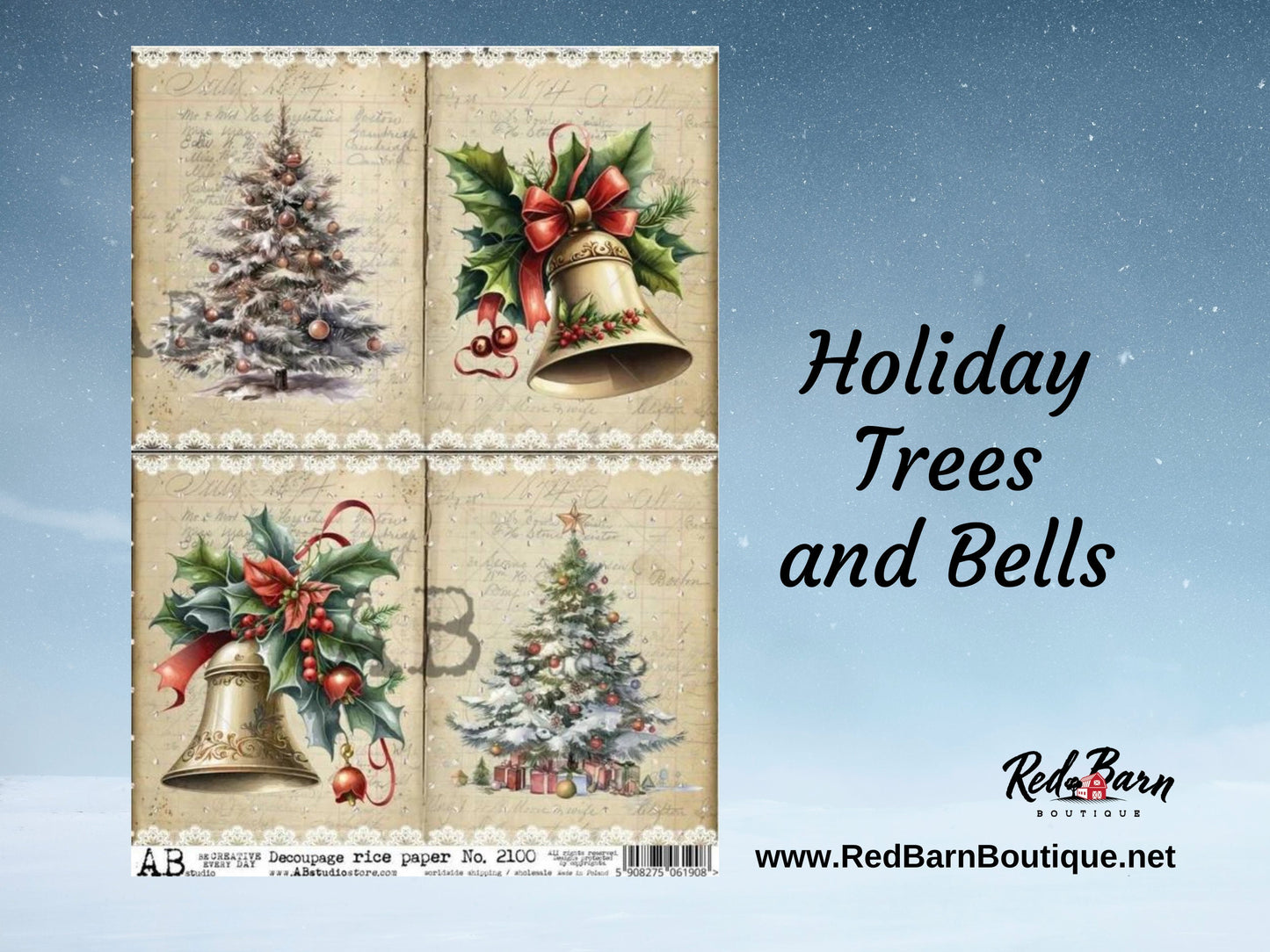 Holiday Trees and Bells | Rice Paper Decoupage | AB Studios | A4