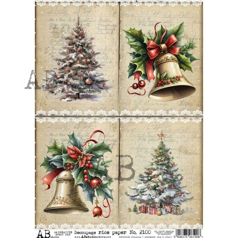 Holiday Trees and Bells | Rice Paper Decoupage | AB Studios | A4