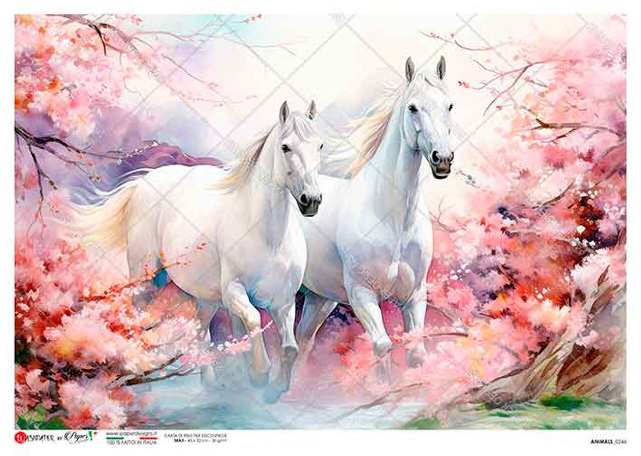 Two White Horses WIth Pink Flowers | Rice Paper Decoupage | Paper Designs Animal 0246 | Sizes A4 & A3