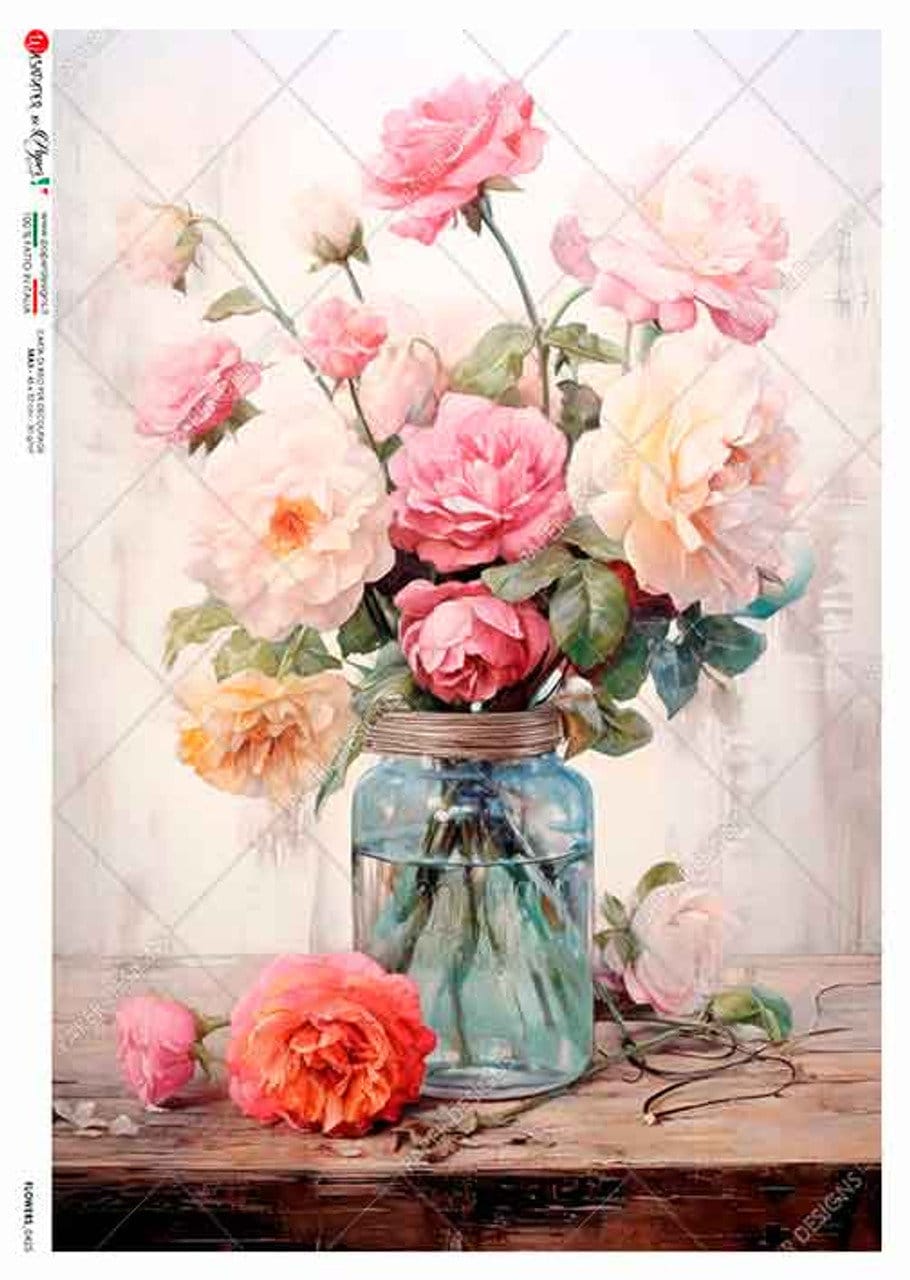 Pink Bouquet In A Blue Jar | Rice Paper Decoupage | Paper Designs Flowers 0425 | A4