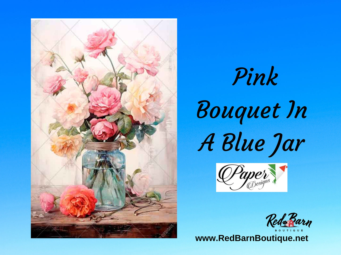 Pink Bouquet In A Blue Jar | Rice Paper Decoupage | Paper Designs Flowers 0425 | A4