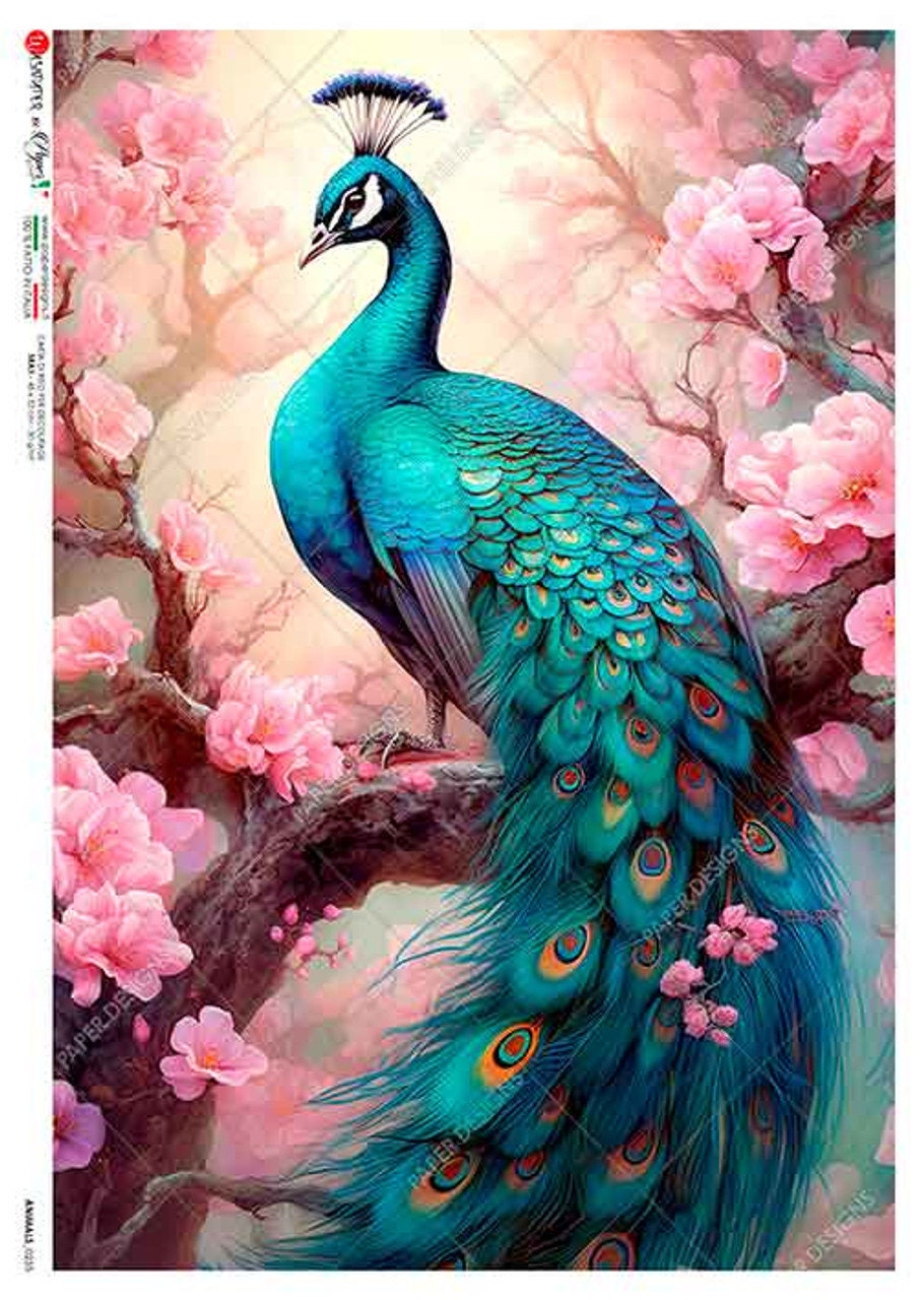 Peacock | Rice Decoupage Paper | bright Floral Peacock | Paper Designs Animals 0077 | Furniture Decoupage | A2 & A1