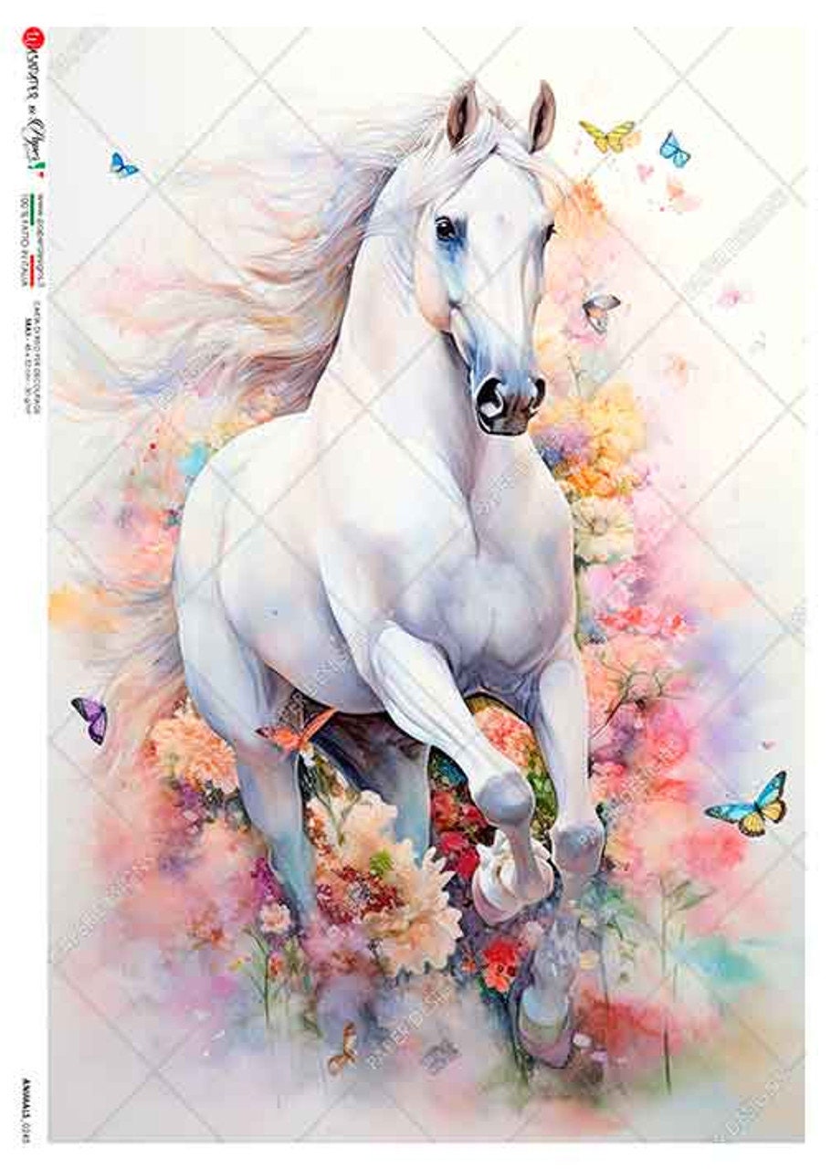 White Horse and Bouquet of Color | Rice Paper Decoupage | Paper Designs Animal 0243 | Sizes A4 & A3