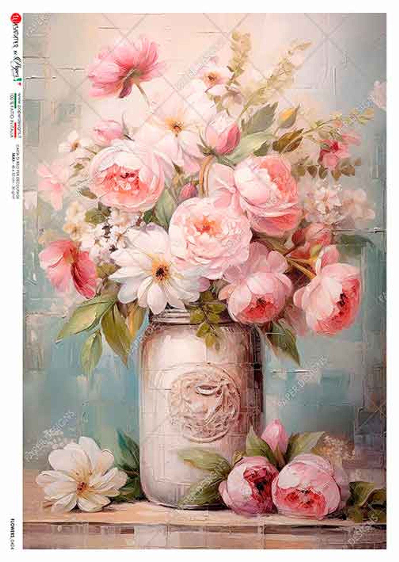 Pink Flower Mason Jar | Rice Paper Decoupage | Paper Designs Flowers 0424 | A4