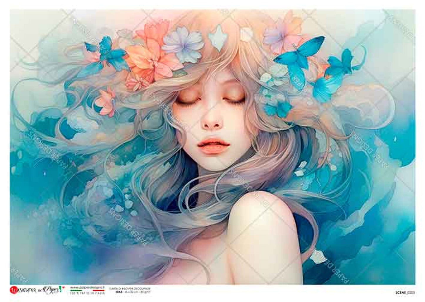 Windswept Watercolor Portrait | Rice Paper Decoupage | Paper Designs Scene 0203 | A4