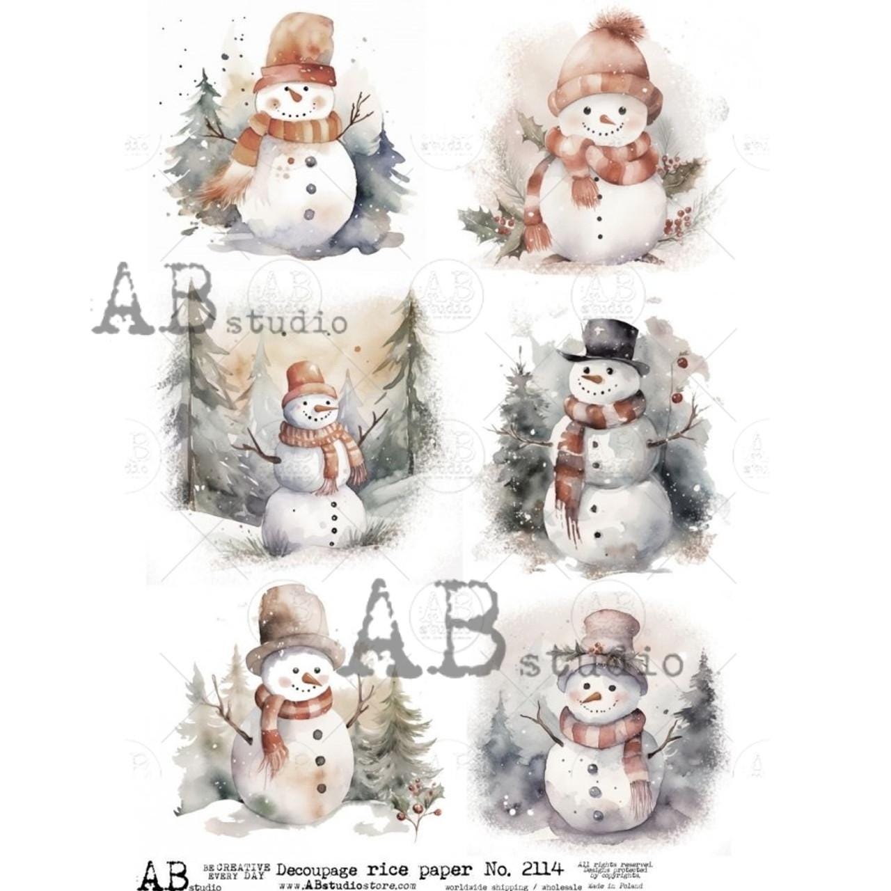 Watercolor Snowman Ornament Rounds | Rice Paper Decoupage | AB Studios | A4