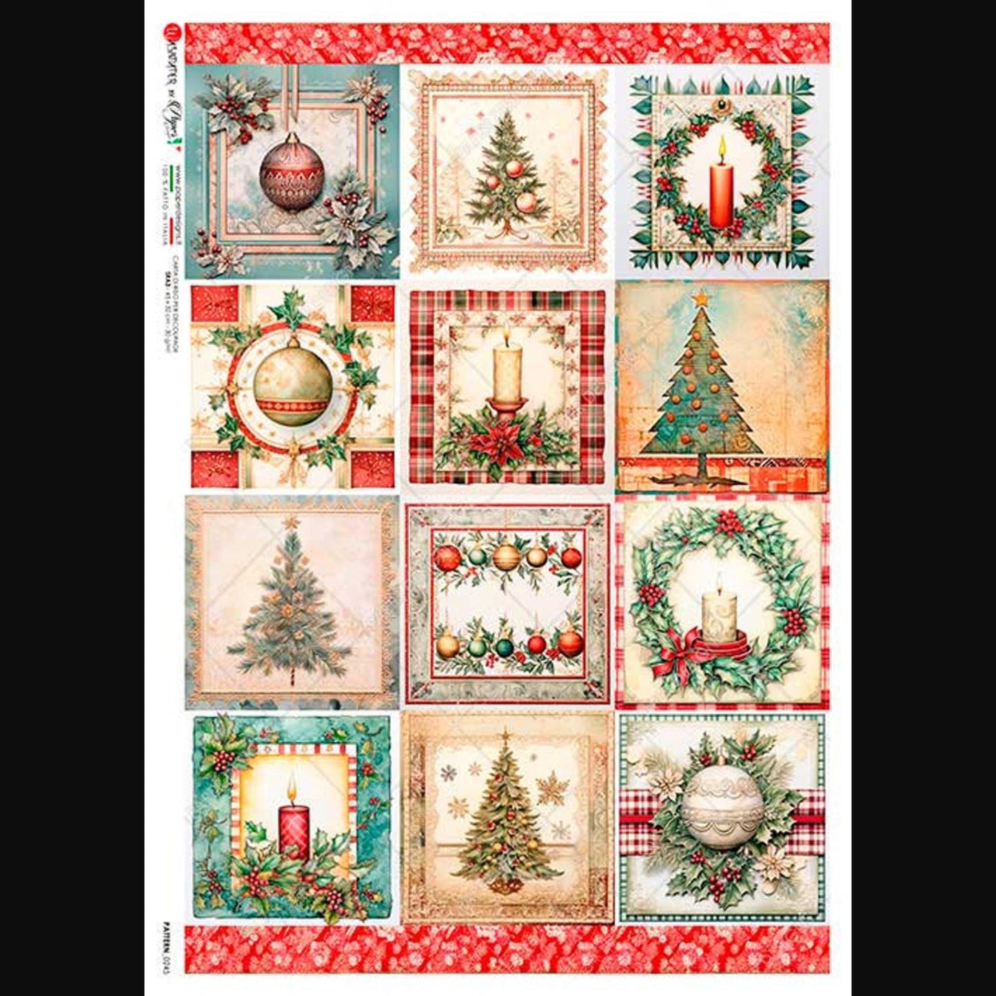 Holiday Festive Squares | Rice Paper Decoupage | US Paper Designs | Pattern 0245 | A4