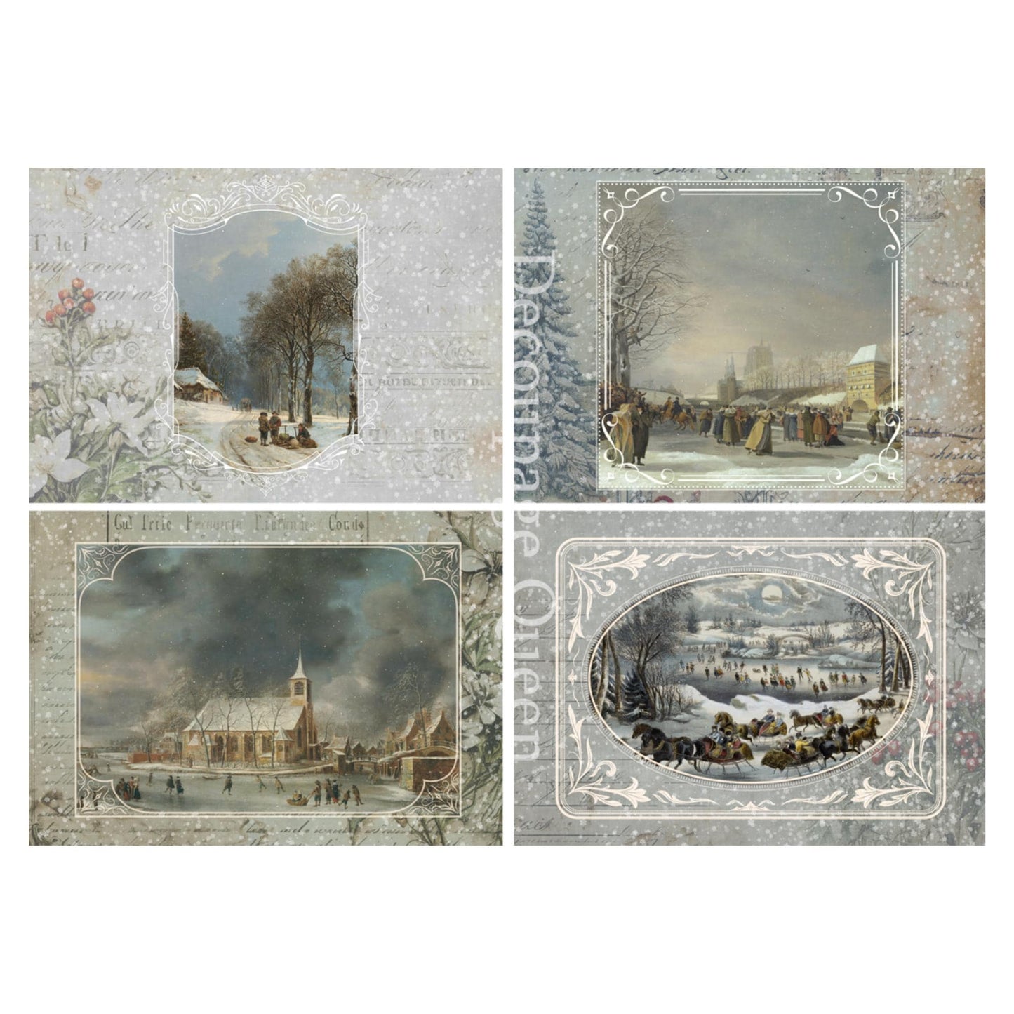 Winter Postcard 4 pack 4 Images | Dainty and The Queen | Decoupage Queen | Rice Paper Decoupage | Printed in Italy | New | A4