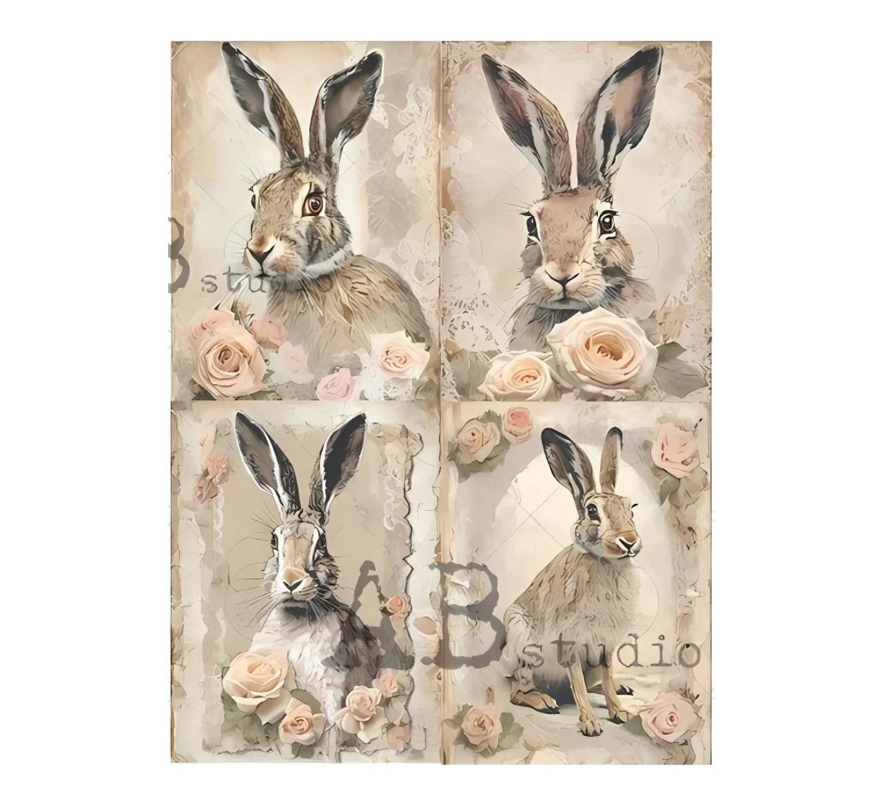 Four Stately Shabby Chic Rabbits | Rice Paper Decoupage | AB Studios 4896 | A4