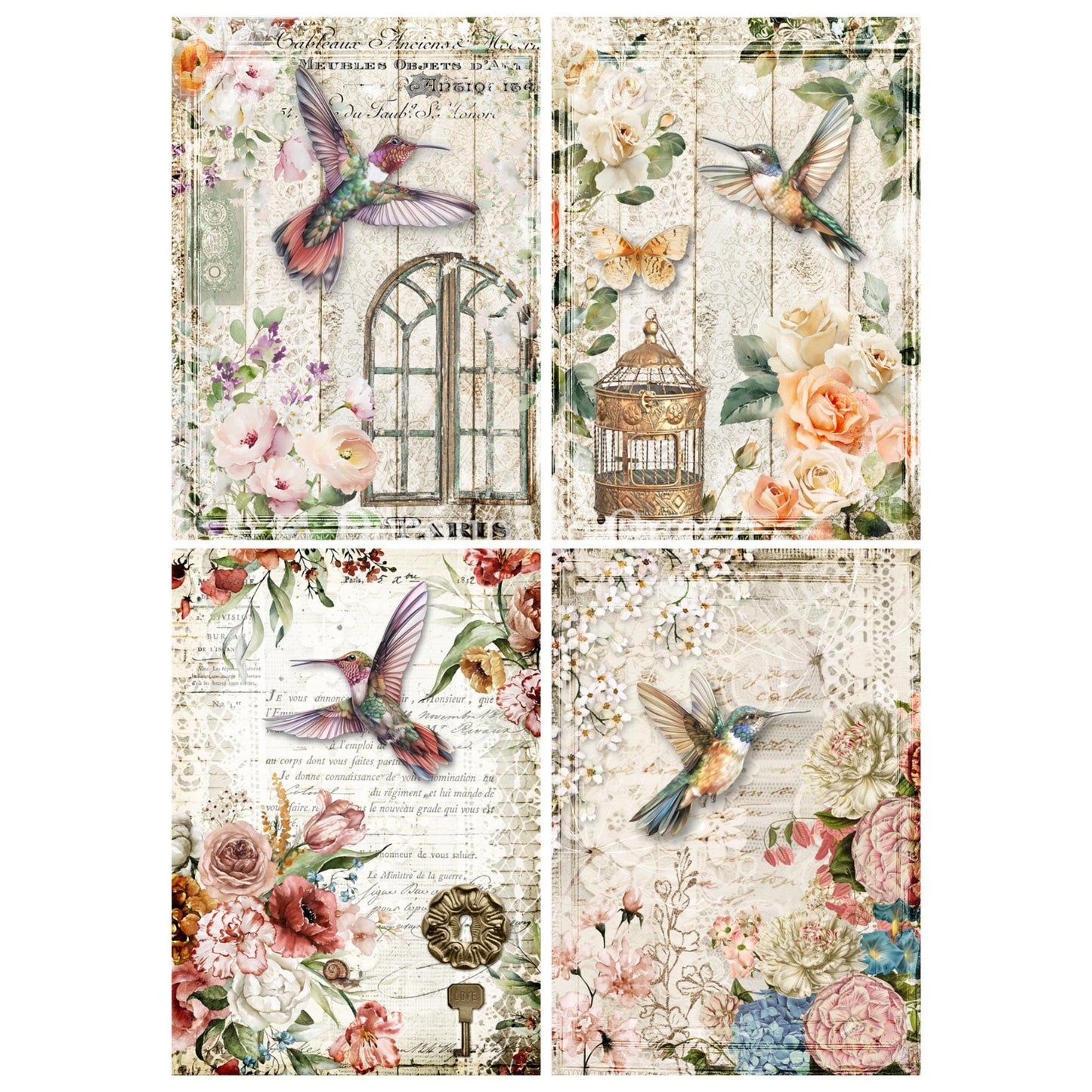 Hummingbird Four Pack | Rice Paper Decoupage | Decoupage Queen | Designed In The USA | Printed In Italy | 2 Sizes