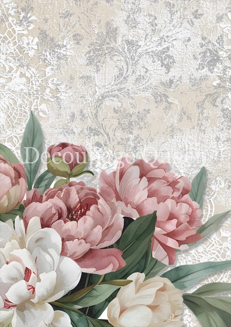 Peonies and Lace | Rice Paper Decoupage | Designed In The USA | Printed In Italy | Decoupage Queen | Dainty and The Queen | A4