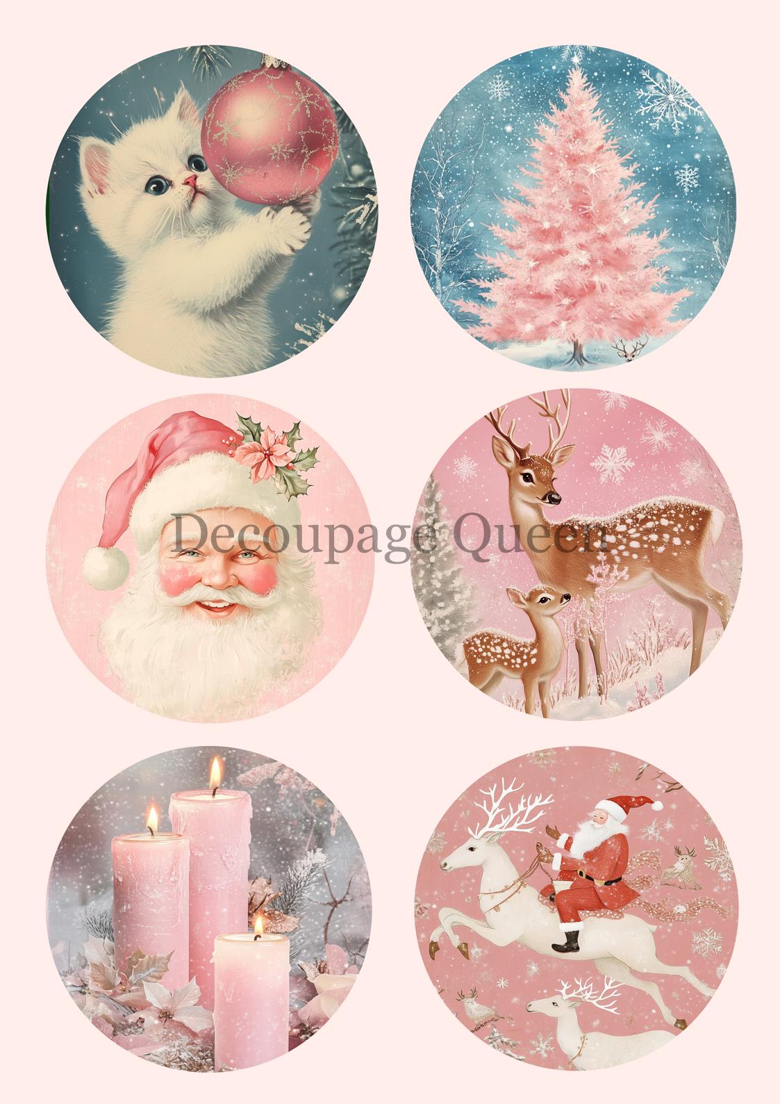 Pink Winter Ornaments | Rice Paper Decoupage | Decoupage Queen | A4