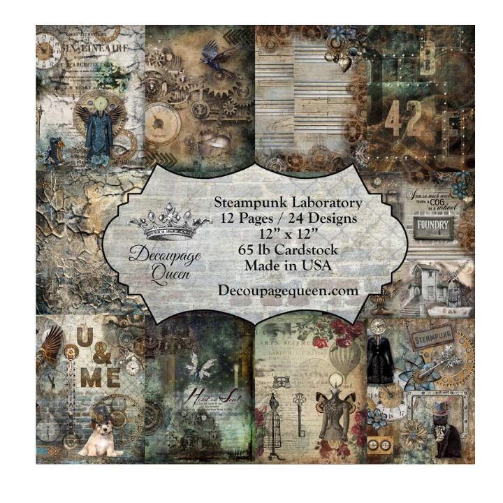 Steampunk Laboratory Scrapbook Set | Decoupage Queen | Scrapbook Paper | 12 x 12 Paper Pack | 12 Pages, 24 Designs | Mixed Media