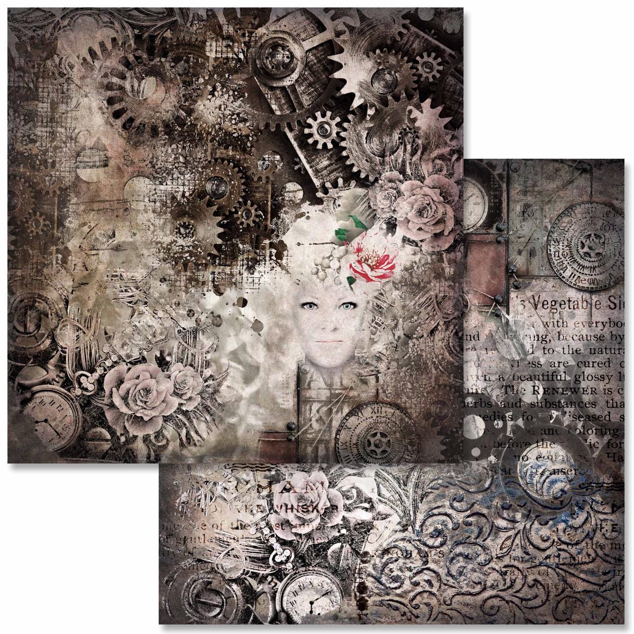 Steampunk Laboratory Scrapbook Set | Decoupage Queen | Scrapbook Paper | 12 x 12 Paper Pack | 12 Pages, 24 Designs | Mixed Media