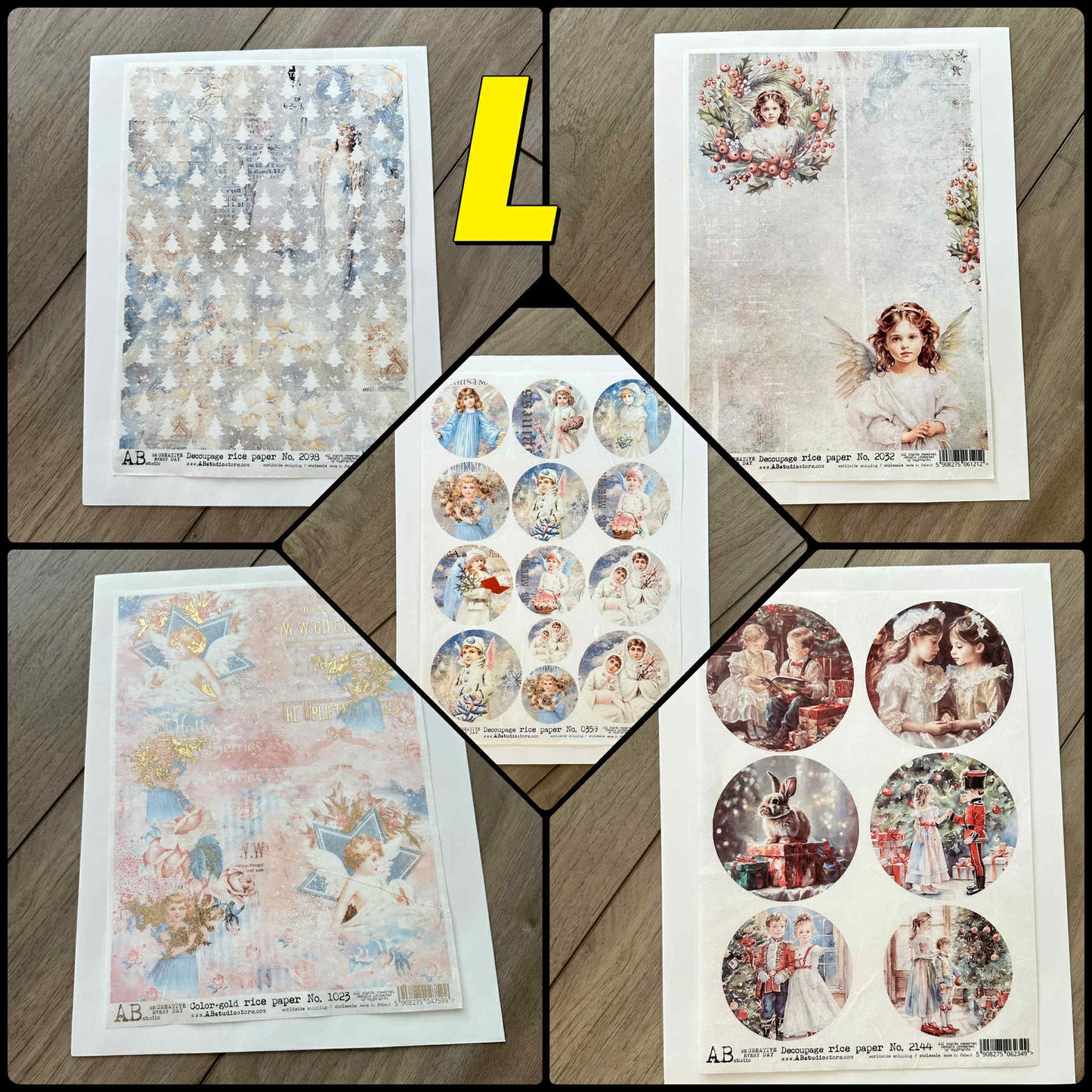 5 Rice Decoupage Papers | Set M N O | Rice Paper Decoupage | AB Studios | A4