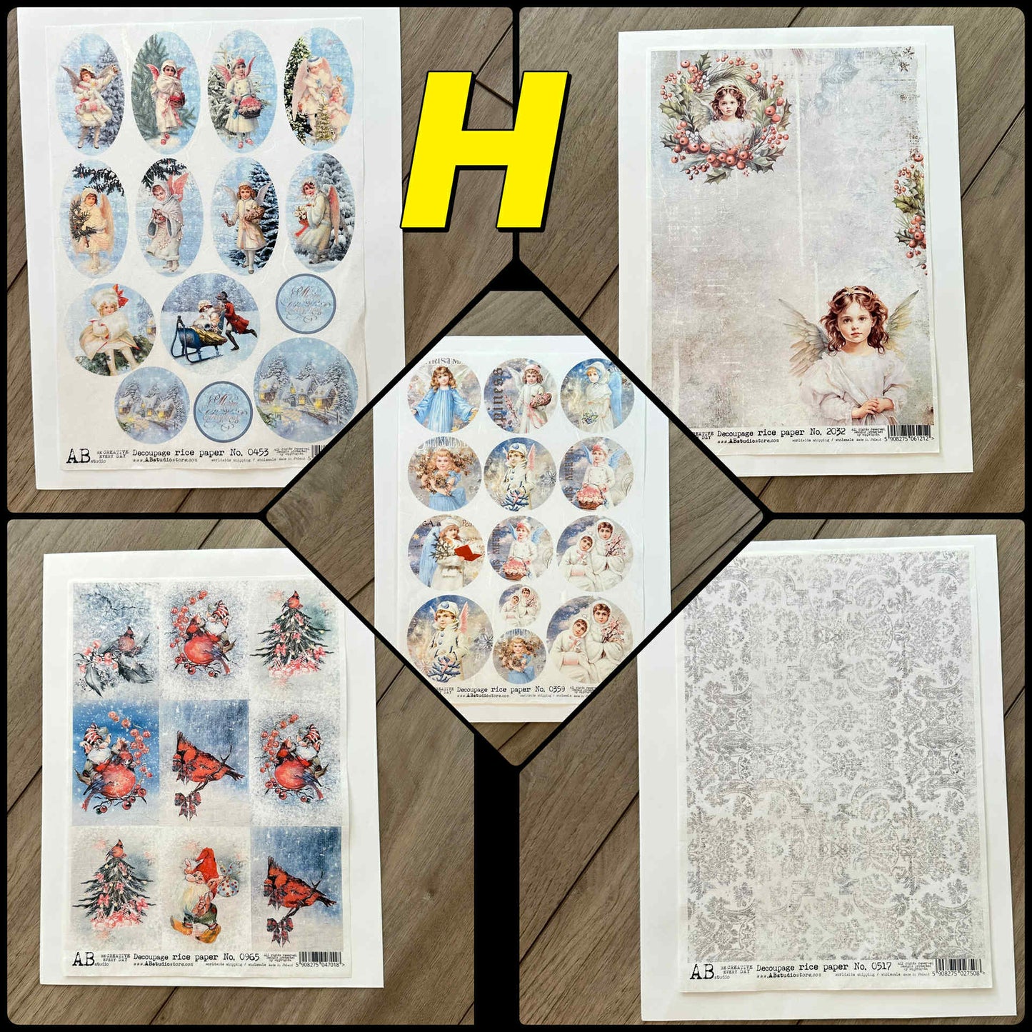 5 Rice Decoupage Papers | Set G H I | Rice Paper Decoupage | AB Studios | A4