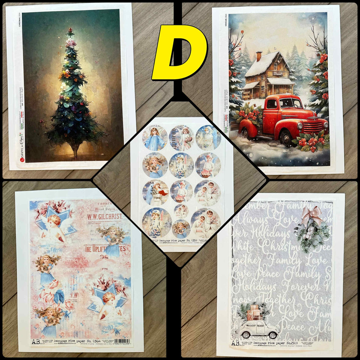 5 Rice Decoupage Papers | Sets D E F | Rice Paper Decoupage | AB Studios & Paper Designs | A4