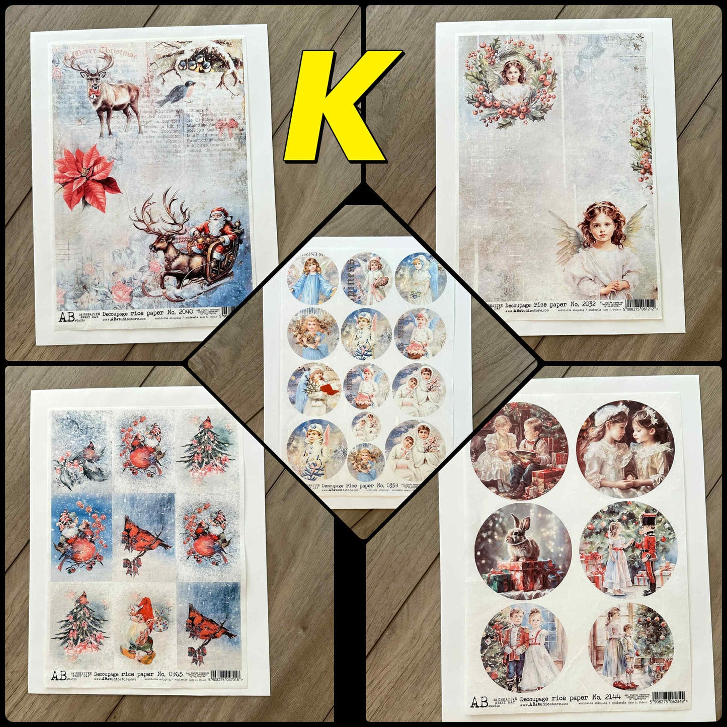 5 Rice Decoupage Papers | Set M N O | Rice Paper Decoupage | AB Studios | A4