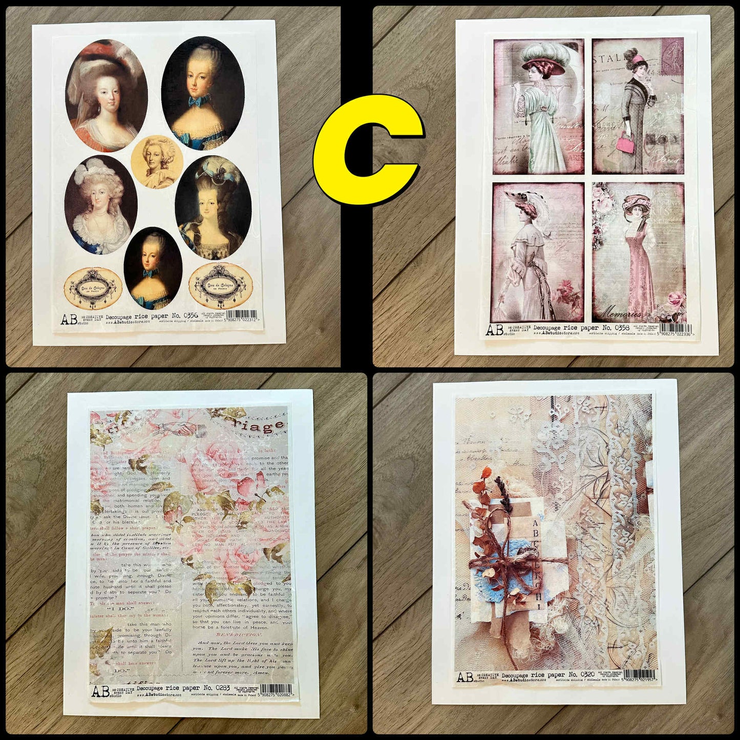 4 Rice Decoupage Papers | Sets A B C | Rice Paper Decoupage | AB Studios | A4