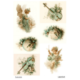 Teal Angels and Christmas Violins Vignettes Rice Paper Decoupage LaBlanche A4 Limited Quantity